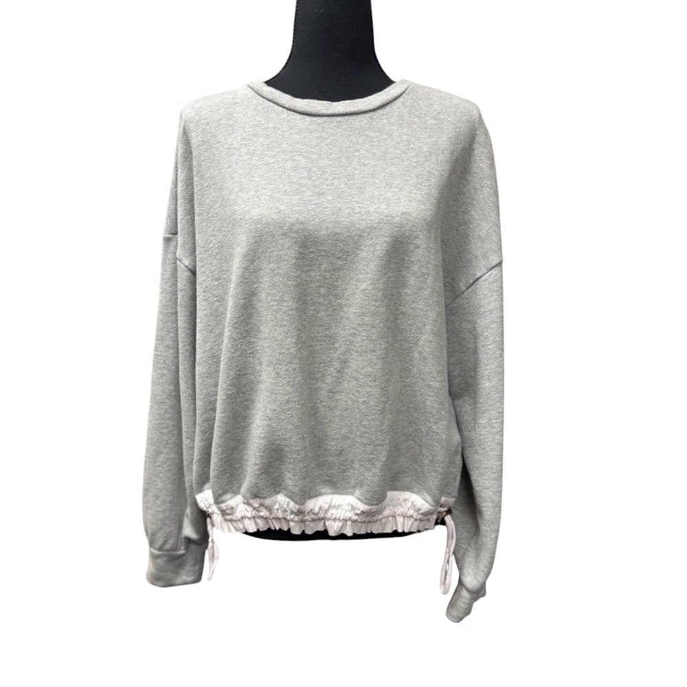 Ann Taylor Gray Cotton Sweatshirt w White Ruffle Trim & waist Tie Top Size L